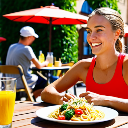 Home 7 Carbohydrate Power**
A vibrant scene showcasing a fully clothed, athletic swimmer enjoying a large plate of whole-wheat pasta with colorful vegetables and a drizzle of olive oil at a sunny outdoor cafe. Background includes other athletes and healthy food options. Focus on energy and vitality. Safe for work, appropriate content, fully clothed, professional, perfect anatomy, natural proportions, high quality.
**
