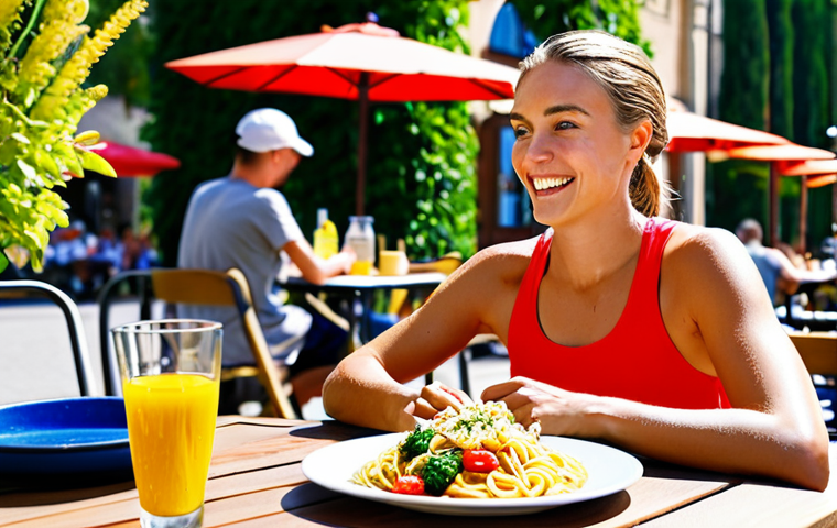 Carbohydrate Power**

A vibrant scene showcasing a fully clothed, athletic swimmer enjoying a large plate of whole-wheat pasta with colorful vegetables and a drizzle of olive oil at a sunny outdoor cafe. Background includes other athletes and healthy food options. Focus on energy and vitality. Safe for work, appropriate content, fully clothed, professional, perfect anatomy, natural proportions, high quality.

**