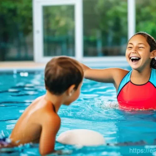 수영강사로서의 지속적인 자기계발 - **Prompt:** A vibrant and welcoming indoor swimming pool environment, filled with natural light. A d...