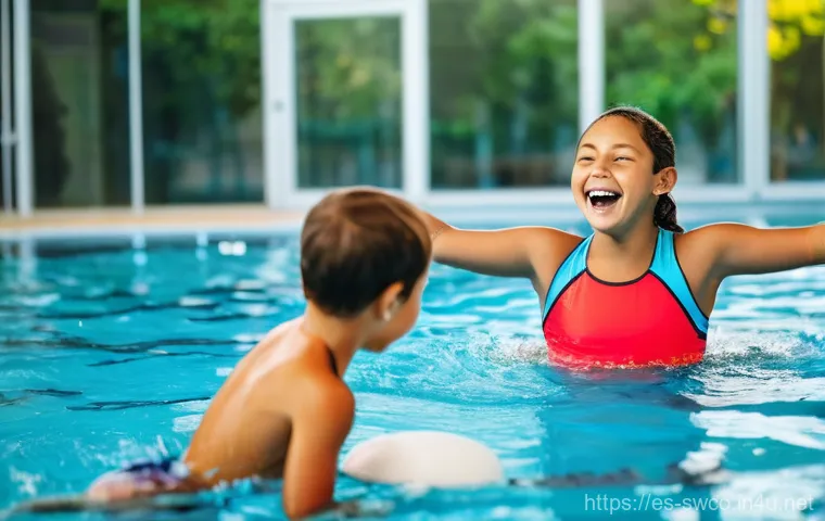 수영강사로서의 지속적인 자기계발 - **Prompt:** A vibrant and welcoming indoor swimming pool environment, filled with natural light. A d...