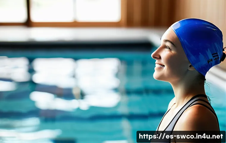 수영강사로서 새로운 트렌드 적응 - **Prompt: A modern, brightly lit indoor swimming pool designed with eco-friendly features. An adult ...