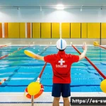 수영강사와 관련된 법적 문제 - A professional swimming instructor in Spain, wearing a branded swim polo and swim trunks, conducting...