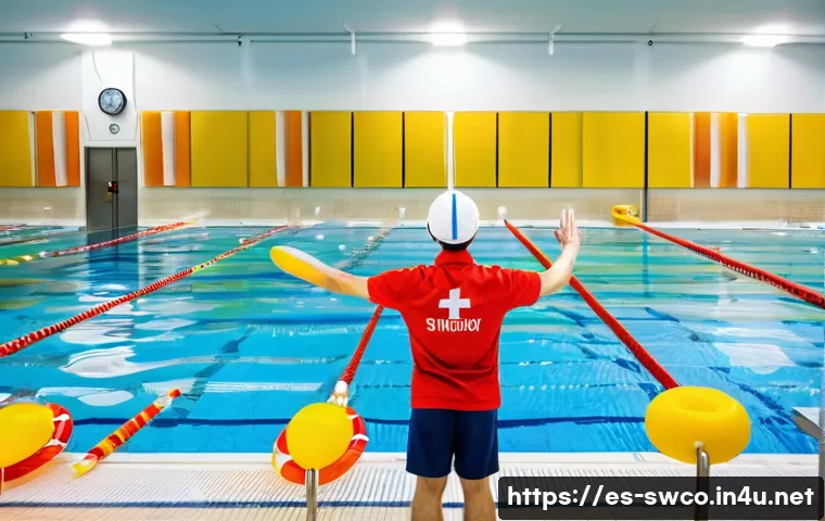 수영강사와 관련된 법적 문제 - A professional swimming instructor in Spain, wearing a branded swim polo and swim trunks, conducting...