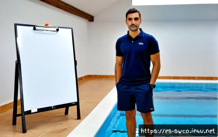 Home 17 수영강사 평균 연봉 - Photorealistic swimming instructor in a clean modern indoor pool in Spain, wearing a modest navy pol...