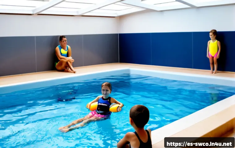수영강사 초보 어린이 수업 팁 - Photorealistic indoor community swimming pool in Spain, a friendly novice swim instructor wearing mo...